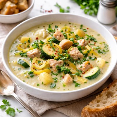 Image of Cream of Potato Leek Zucchini and Chicken Soup