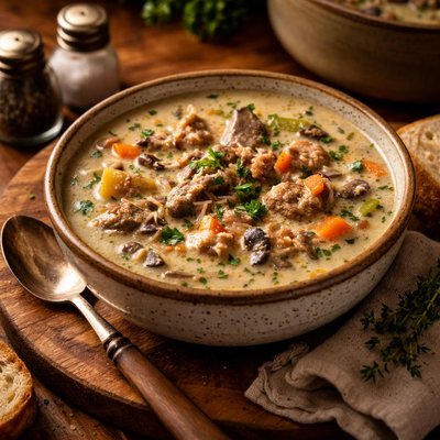 Image of Cream of Vegetable and Wild Rice Soup with Pheasant