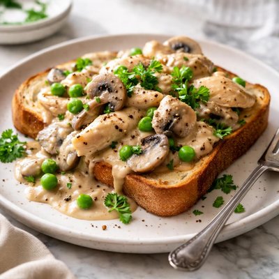 Image of Creamed Chicken with Mushrooms and Peas on Toast