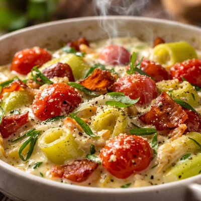Image of Creamed Leeks with Tarragon Tomatoes and Bacon