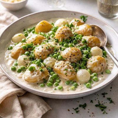 Image of Creamed Parmesan Baby Potatoes with Peas and Pearl Onions