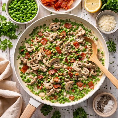 Image of Creamed Peas with Mushrooms and Bacon