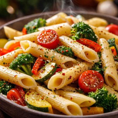 Image of Creamless Penne Pasta Primavera with Olive Oil and Garlic