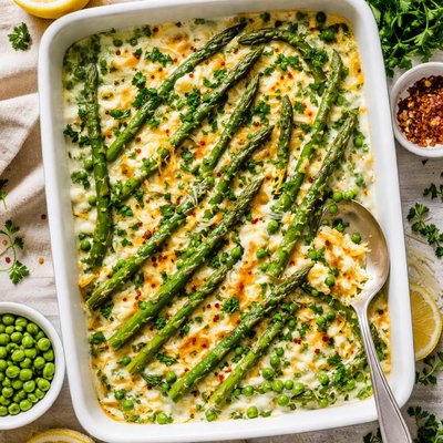 Image of Creamy Baked Asparagus and Peas
