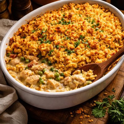Image of Creamy Baked Chicken with Crunchy Cornbread Topping