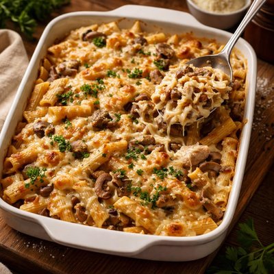 Image of Creamy Baked Penne and Chicken with Mushrooms Oamc