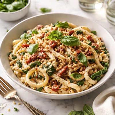 Image of Creamy Basil and Sun Dried Tomato Vegan Pasta
