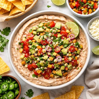 Image of Creamy Bean Dip with Tomato Avocado Topping