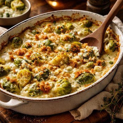 Image of Creamy Brussels Sprouts Gratin with Bleu Cheese