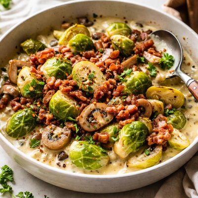 Image of Creamy Brussels Sprouts with Mushrooms and Bacon