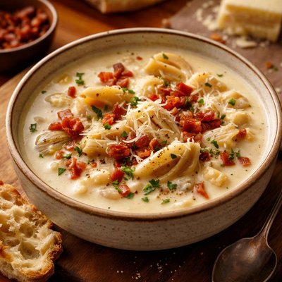 Image of Creamy Cauliflower Soup with Artichoke Hearts Asiago and Bacon