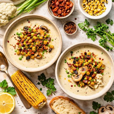 Image of Creamy Cauliflower Soup with Corn and Mushrooms