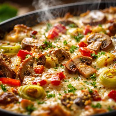 Image of Creamy Cheesy Mushroomy Leeky Red Peppery Casserole