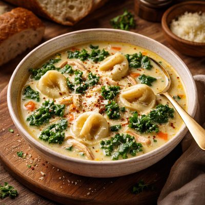 Image of Creamy Chicken and Kale Tortellini Soup