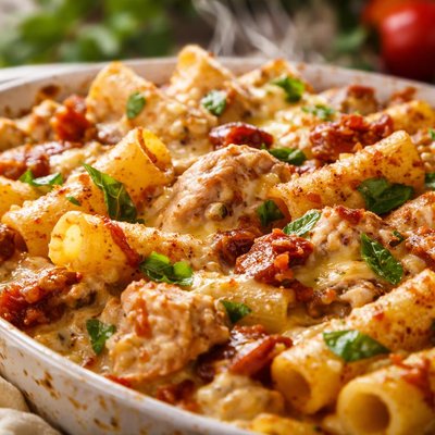Image of Creamy Chicken Basil and Sun Dried Tomato Pasta Bake