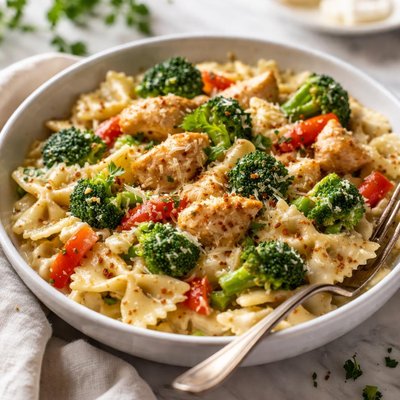 Image of Creamy Chicken Brocolli Pepper and Farfelle Noodles