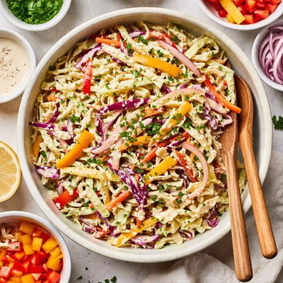 Image of Creamy Coleslaw with Bell Peppers Red Onion