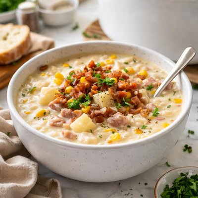 Image of Creamy Corn Potato Ham Chowder Crock Pot