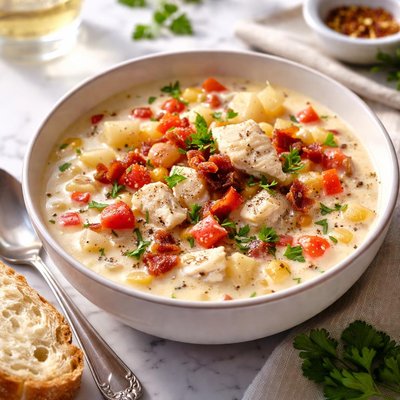 Image of Creamy Fish Chowder with Red Bell Peppers
