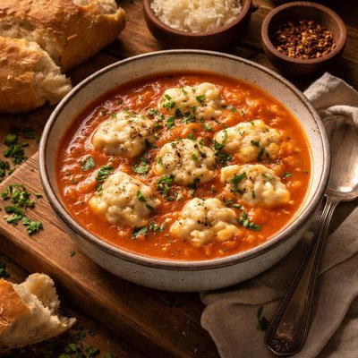 Image of Creamy Fresh Tomato Soup with Dumplings
