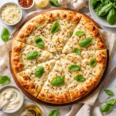 Image of Creamy Garlic Cheese Pizza with Fresh Basil