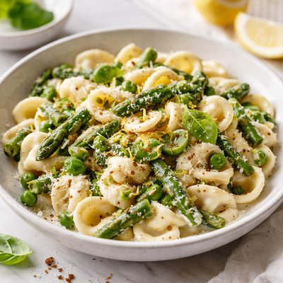 Image of Creamy Goat Cheese and Asparagus Orecchiette