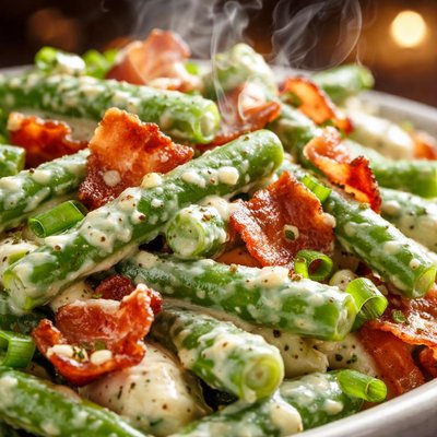 Image of Creamy Green Bean Salad with Horseradish Bacon