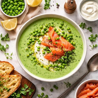 Image of Creamy Green Pea Soup with Smoked Salmon