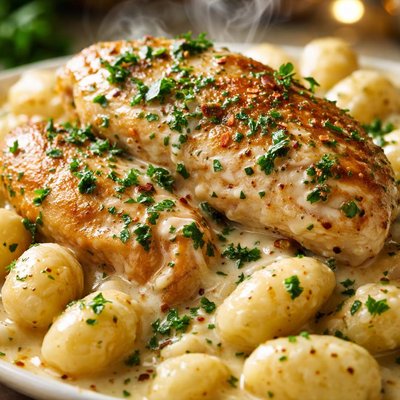 Image of Creamy Herb and Garlic Chicken Over Gnocchi