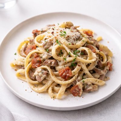 Image of Creamy Herbed Parmesan Pasta Sauce with Bacon and Mushrooms