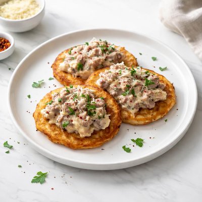 Image of Creamy Italian Sausage Topped Potato Pancakes