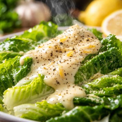 Image of Creamy Lemony Pepper Parmesan Dressing Over Romaine