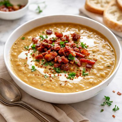 Image of Creamy Lentil Bacon Topped Soup