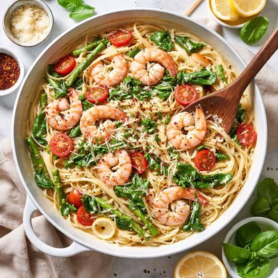 Image of Creamy Linguine with Shrimp and Veggies