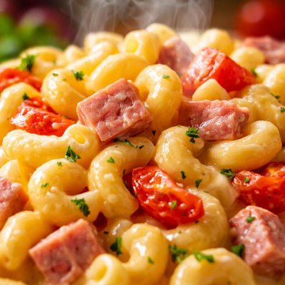 Image of Creamy Mac N Cheese with Ham and Tomatoes