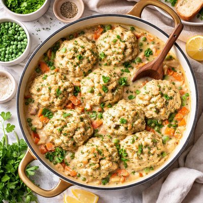 Image of Creamy Meat and Vegetable Pot Pie with Herbed Dumplings