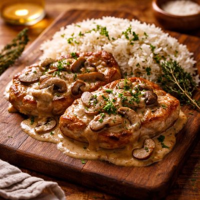 Image of Creamy Mushroom Chops and Rice