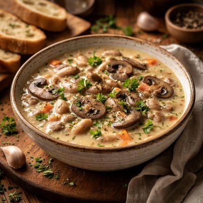 Image of Creamy Mushroom Soup with Little White Beans