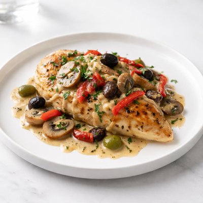 Image of Creamy Olive Chicken Bake with Red Peppers and Mushrooms