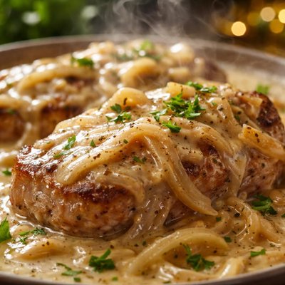 Image of Creamy Onion Smothered Pork Chops Microwave