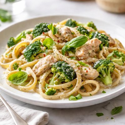 Image of Creamy Pasta with Chicken Broccoli and Basil Low Fat Version