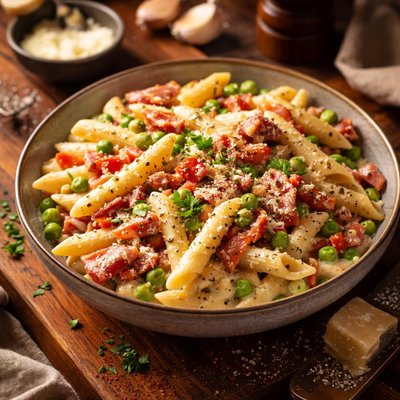 Image of Creamy Penne with Prosciutto Pimiento and Peas