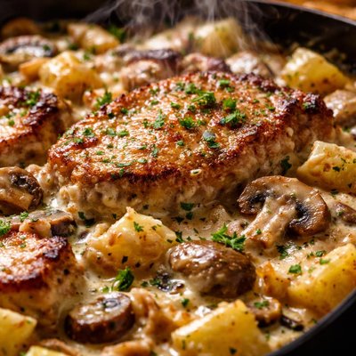 Image of Creamy Pork Chops Mushroom and Potato Casserole