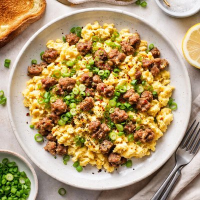 Image of Creamy Scrambled Eggs with Sausage and Scallions