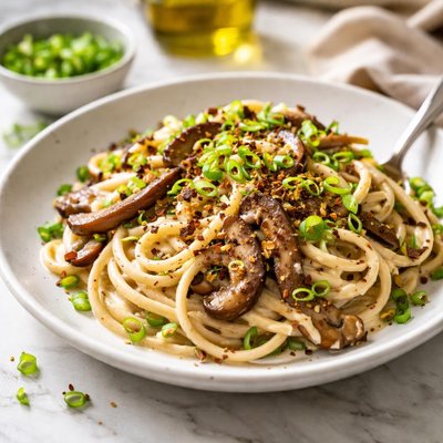 Image of Creamy Shiitake Linguine with Scallions Green Onions