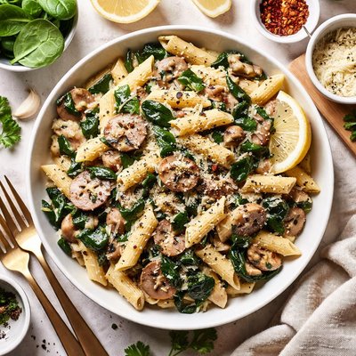 Image of Creamy Spinach and Mushroom Penne Pasta