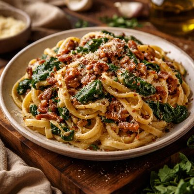 Image of Creamy Spinach Bacon and Sun Dried Tomato Sauce for Pasta