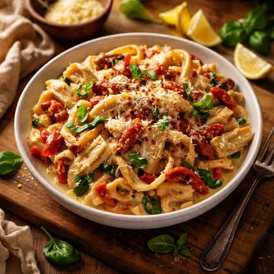 Image of Creamy Sun Dried Tomato Roasted Red Pepper and Artichoke Pasta