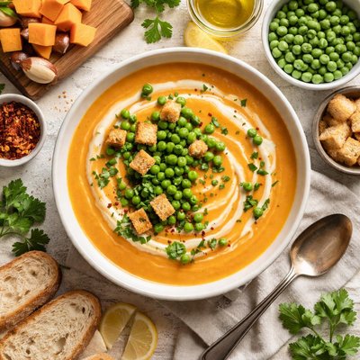 Image of Creamy Sweet Potato Soup with Baby Peas