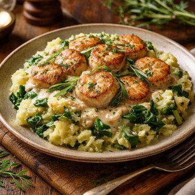 Image of Creamy Tarragon Scallops with Spinach Smashed Potatoes